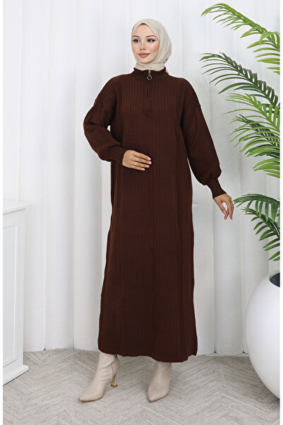 sefamerve Tricotaj material reiat Rochie cu fermoar 0005-04 Maro