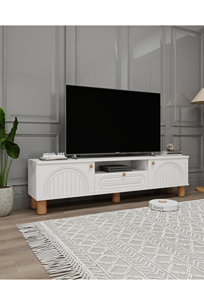 menalART Ağaç Tasarım TV Ünitesi Bohem MDF Kapak Tv Sehpası Beyaz