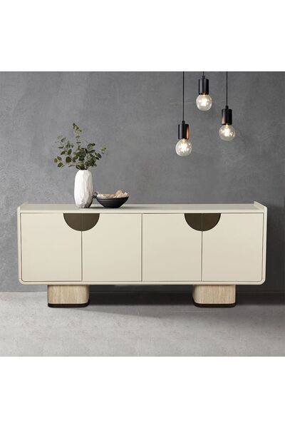 Danube Home خزانة بوفيه أورو بسطح زجاجي مقسّى - كريمي/بيج، 4 أبواب، خشب هندسي ومعادن، 180×39.5×75 سم