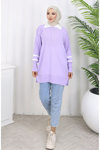 sefamerve تريكو تونيك بأكمام بالون وياقة 3007-09 أرجواني