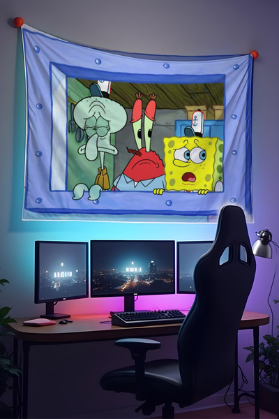 Halura Sünger Bob Temalı Duvar Örtüsü – Kaliteli Kumaş, Gamer Oyuncu Oda Dekoru Tapestry Duvar Halısı