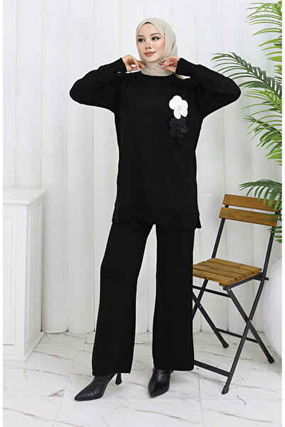 sefamerve Knitted turtleneck tunic and pants two-piece set 1015-01 black