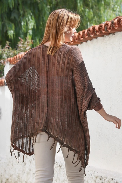 Chiccy Καφέ μπλούζα με λαιμόκοψη σε σχήμα V με μανίκια νυχτερίδας με κορδόνια λεπτή casual διάτρητη πλεκτή μπλούζα O oversized 80 100