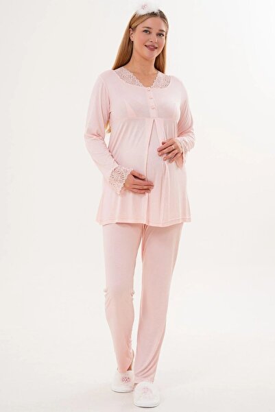Mecit Pijama Maternity-Pregnancy Pajama Set with Dressing Gown, Long Sleeves, 3-Piece Set