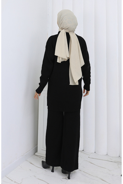 sefamerve Knitwear Zippered Striped Tunic Trousers Double Set 1073-01 Black