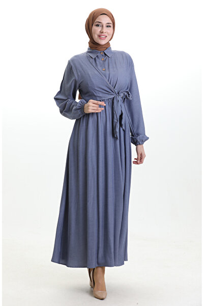 sefamerve Kruvaze Yaka Düğmeli Kuşaklı Elbise 0199-03 Lacivert