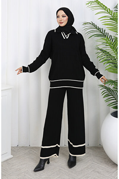 sefamerve Knitwear Corded Fabric Sweater Trousers Double Set 0010-04 Black