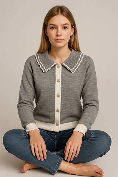 Sfg Life Moda Women's Trendy Stylish Knitwear Jacket-Cardigan with Ruffled Collar, Buttoned Front and Black Edge Detail