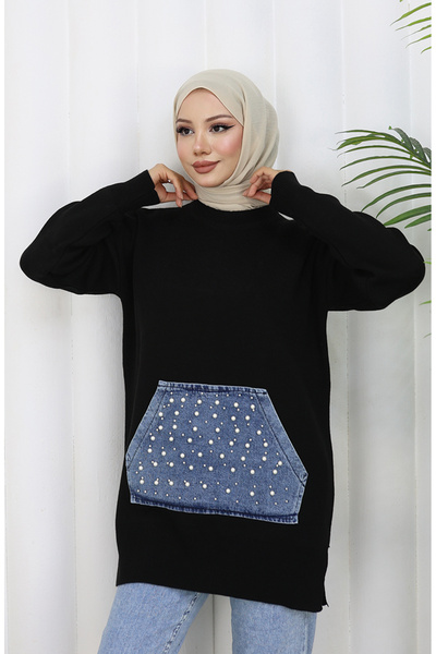 sefamerve Πλεκτό κανγκουρό με τσέπες με λεπτομέρεια από πέρλες 3030-02 Μαύρο