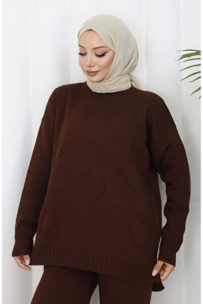 sefamerve Knitted heart patterned sweater pants double set 0016-05 brown