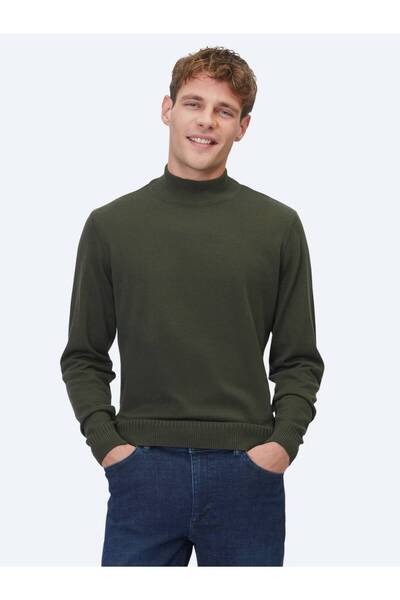 Kip Khaki Half Turtleneck Jacquard Wool Blend Knit Sweater
