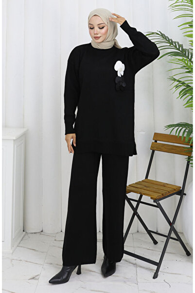 sefamerve Knitted turtleneck tunic and pants two-piece set 1015-01 black