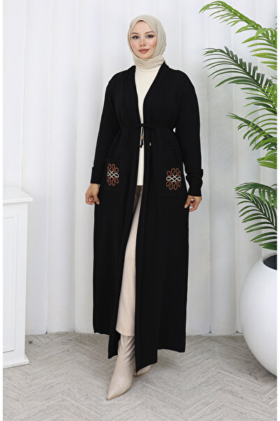 sefamerve Tricotaj Cardigan lung brodat 0021-03 Negru