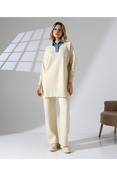 Cemre Life Women's Knitwear Two-Piece Set – Denim-Look Collar Detail Sweater and Wide-Leg Pants