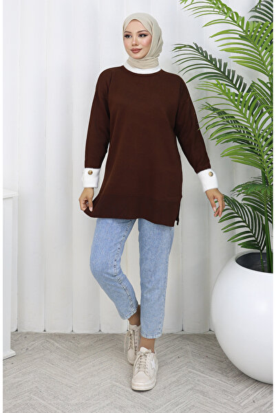 sefamerve Strickwaren-Tunika mit Knopfdetail am Ärmel, garniert, 3000-08 Braun