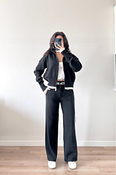 Eka Set de tricotaje negre pentru femei cu fermoar 0999-9508