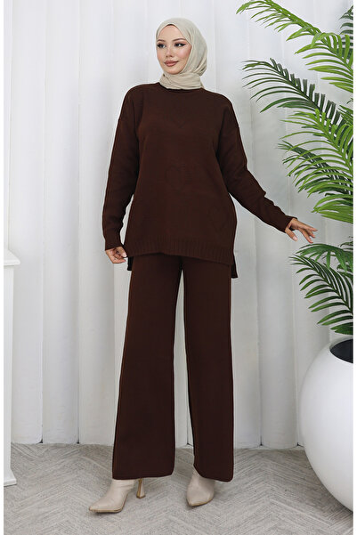 sefamerve طقم مزدوج من سترة محبوكة بنمط القلب وبنطلون 0016-05 بني