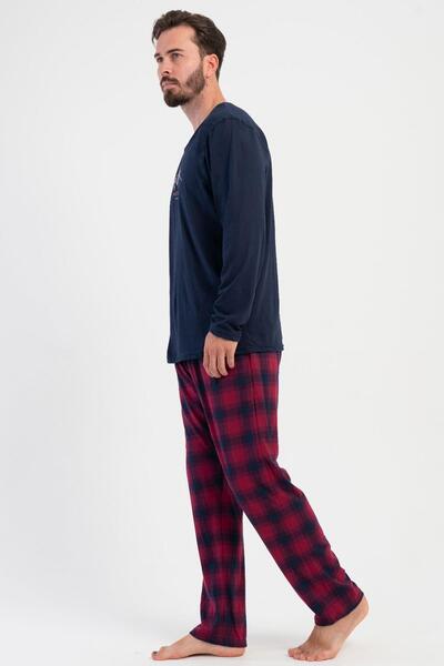 VİENETTA Men's Plus Size Navy Blue Long Sleeve Top Plaid Pattern Bottom Pajama Set C2T4N1305