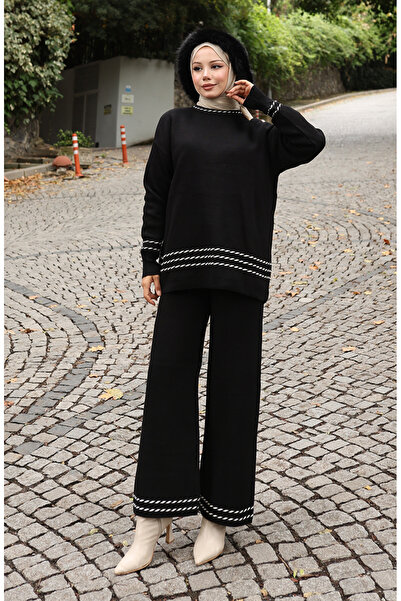 sefamerve Πλεκτό Παντελόνι Πουλόβερ Πλεκτό Σετ Δύο Τεμάχια 0017-01 Μαύρο