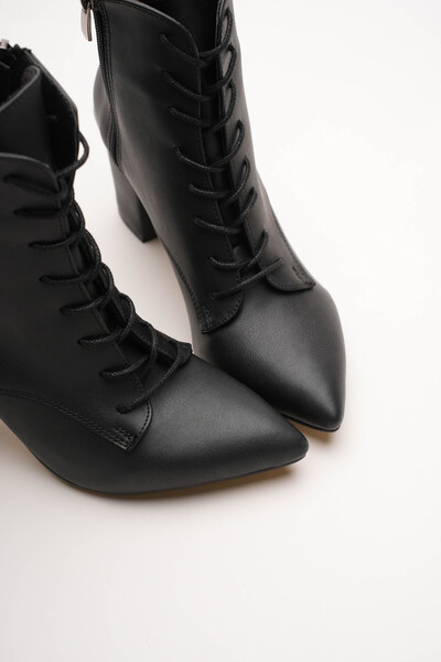 Lizzu Γυναικείες μπότες με κορδόνια με φερμουάρ με χοντρό τακούνι Vorena Black Skin