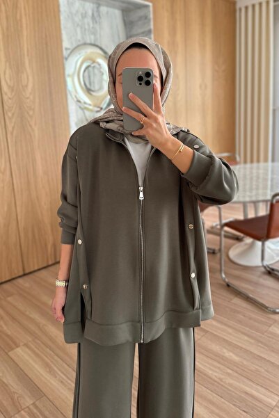 Ka Hijab Çıtçıt Detay Salaş Modal Takım - Haki