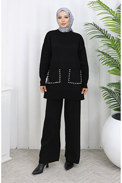 sefamerve Knitted pocketed tunic and pants two-piece set 1070-06 black