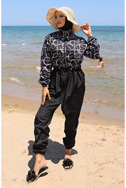 sefamerve Elastic Waist, Shadow Patterned, Zippered Hijab Swimsuit with Bonnet Gift 9005g-01 Black and White
