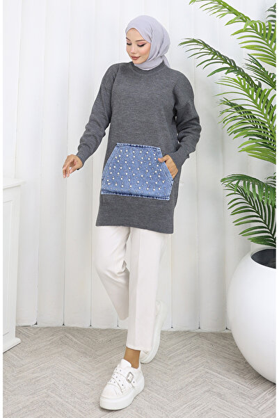 sefamerve Knitwear Kangaroo Pocket Pearl Detailed Tunic 3030-03 Gray