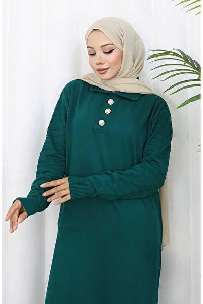 sefamerve Knitwear Polo Neck Button Dress 1141-01 Petrol