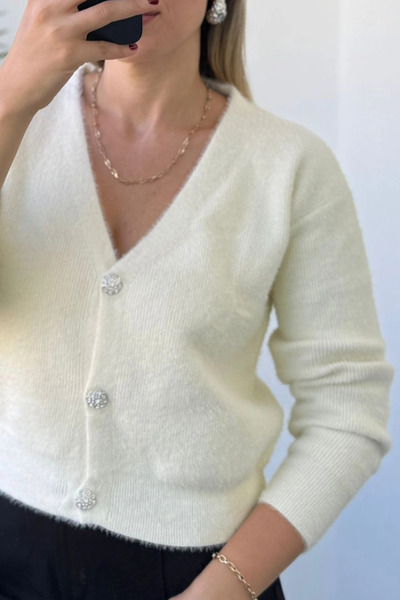 Kubos Moda Soft Bearded Ecru V-Neck Women's Cardigan