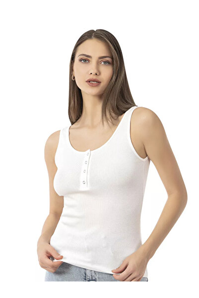 LİRONA 27063 Women's Cotton Ribbed Knit Corded Fabric Stretchy Comfortable, Front Placketed Thick Strap Knitted Tank Top Crop Outerwear