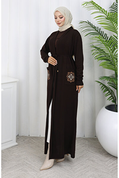 sefamerve Πλεκτό Κεντητό Μακρύ Ζακέτα 0022-05 Καφέ