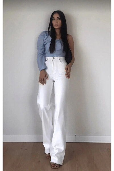 mooishan White Wide Leg Women's Palazzo Jeans, Pants. High Waist Wide Leg Str...