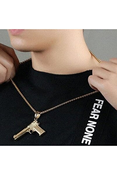 OEM Pistol Pendant Necklace, Unisex, 16 inch, Stainless Steel, 18k Gold Plated