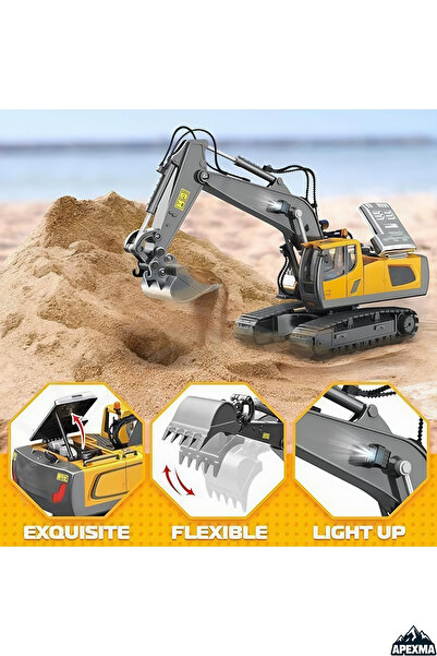 Apexma Oyuncak 2.4GHz Uzaktan Kumandalı Şarjlı Işıklı Metal Alaşım Paletli Hareketli Kepçe Rc Ekskavatör