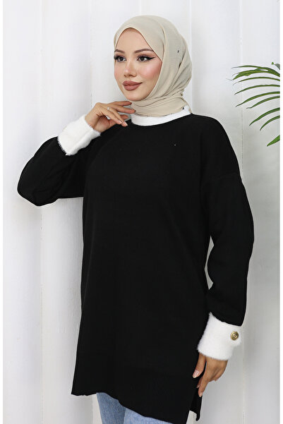 sefamerve Πλεκτό με λεπτομέρεια με κουμπιά συνδυασμός υφασμάτων τουνίκ 3000-01 Μαύρο