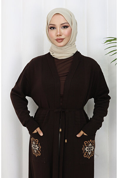 sefamerve Πλεκτό Κεντητό Μακρύ Ζακέτα 0022-05 Καφέ