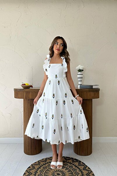 Leina Beyaz A Kesim Çiçekli Desenli Fırfırlı Kollu Elbise