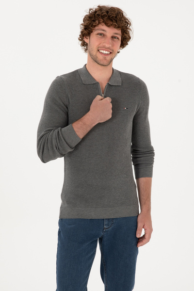 U.S. Polo Assn. Men's Regular Fit Zippered Gray Melange Basic Sweater 50313685-Vr086