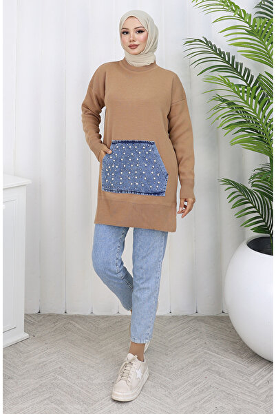 sefamerve Knitwear Kangaroo Pocket Pearl Detailed Tunic 3030-04 Milky Coffee