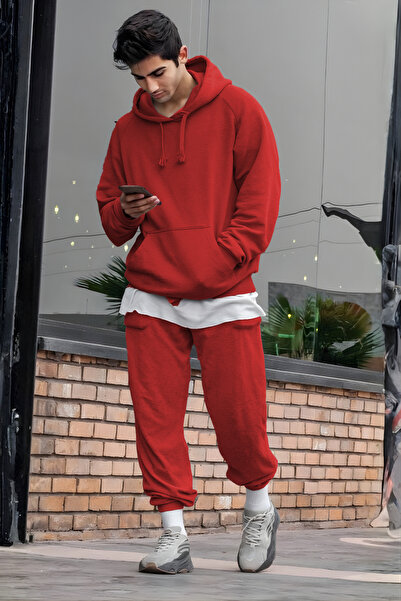 YAKAMEL طقم رياضي رجالي قصة فضفاضة 3İpliği Ş مبطن بالصوف الأساسي