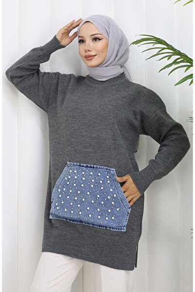 sefamerve Knitwear Kangaroo Pocket Pearl Detailed Tunic 3030-03 Gray