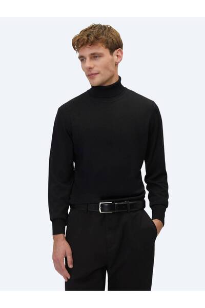 Kip Black Full Turtleneck Jacquard Wool Blended Sweater