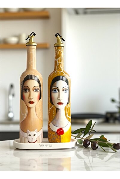 Mes Reves 750 ml Handmade Cracked Patterned Glass Oil Pot Set – with Cat Figure, Kitchen Decor