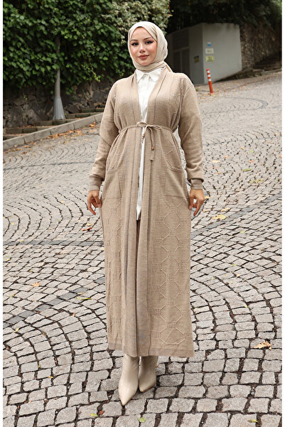 sefamerve Πλεκτά κοτλέ Μακριά Ζακέτα 0030-05 Μπεζ