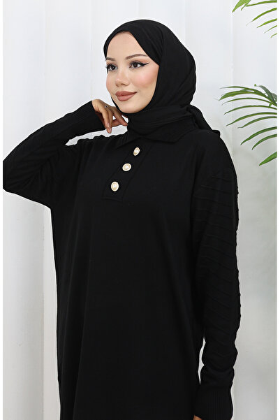 sefamerve Πλεκτό φόρεμα με γιακά πόλο με κουμπιά 1141-06 Μαύρο