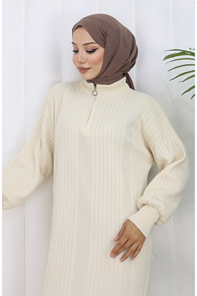 sefamerve Tricotaj material reiat Rochie cu fermoar 0005-07 Bej