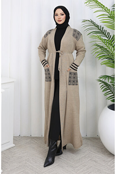 sefamerve كارديجان طويل مطرز بالكروشيه 0027-02 بيج