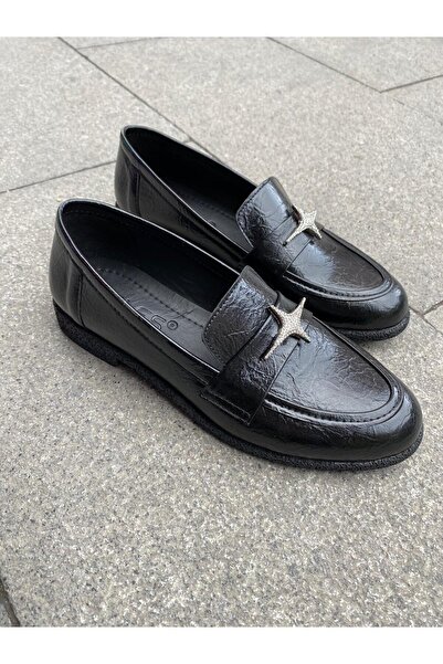 KS KADİR SARAÇ Star Detail Crinkled Leather Casual Loafer Women's Shoes