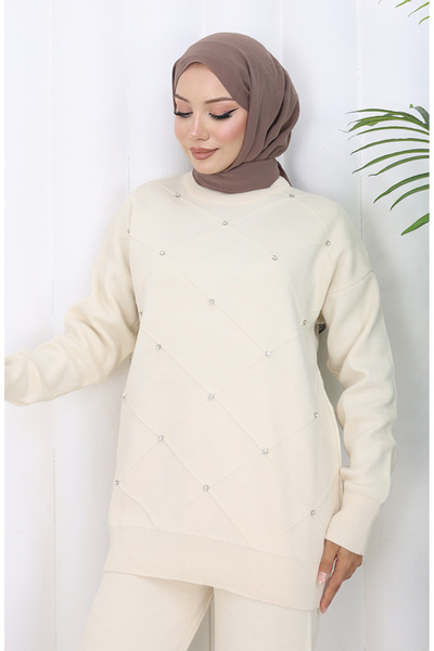 sefamerve Triko Baklava Desenli Taşlı Kazak Pantolon İkili Takım 0018-05 Bej